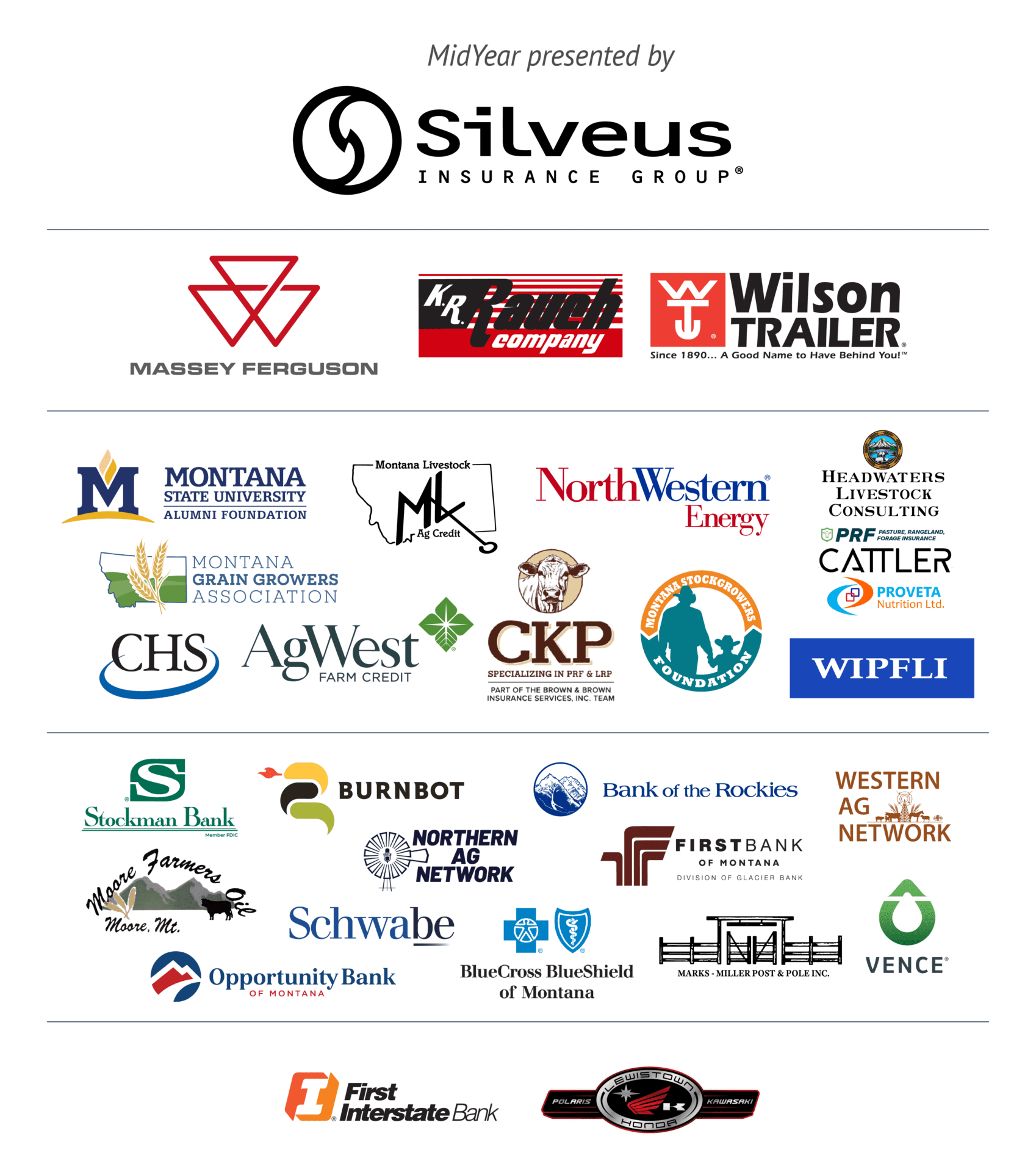 Collage of sponsor logos arranged in rows, featuring Silveus Insurance, Massey Ferguson, Wilson Trailer, and university/energy logos.