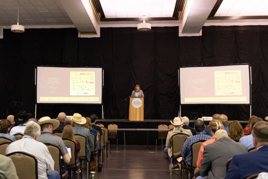 Speaker stands at a wooden podium on a stage, presenting to a seated audience with two projection screens showing slides on either side.